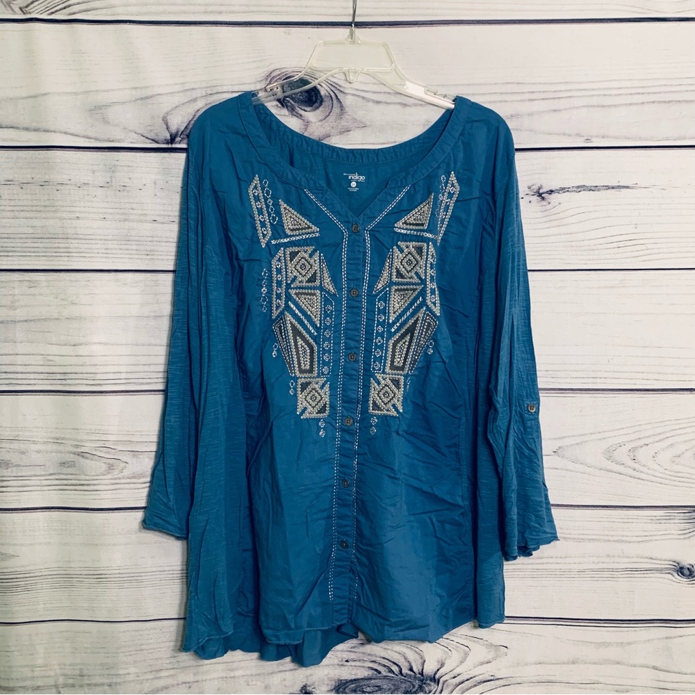 Indigo Brand Button Down Blue Blouse Roll Tab Sleeve Plus Size 2X